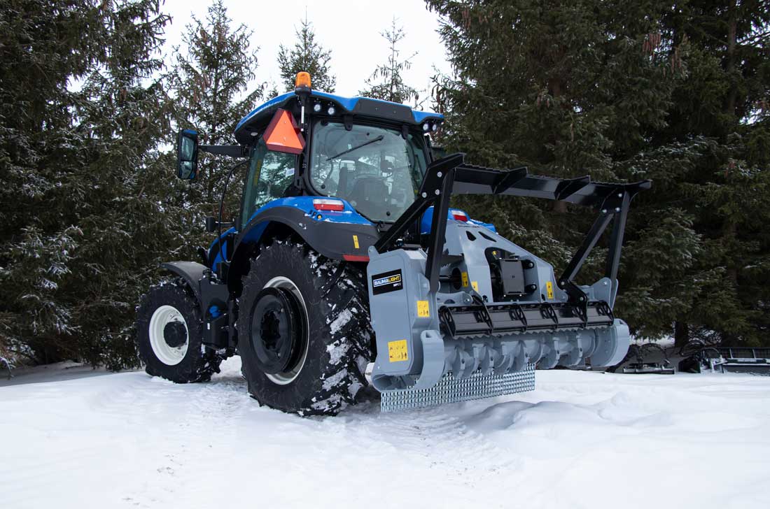 Baumalight MP972 raised on a tractor, showing rotor and chain curtain