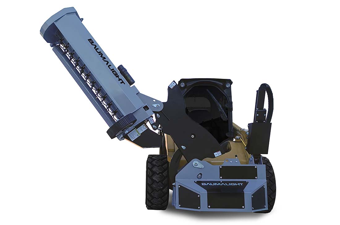 Front view of Baumalight SWA550 with raised boom and angled flail head, cutting rotor visible