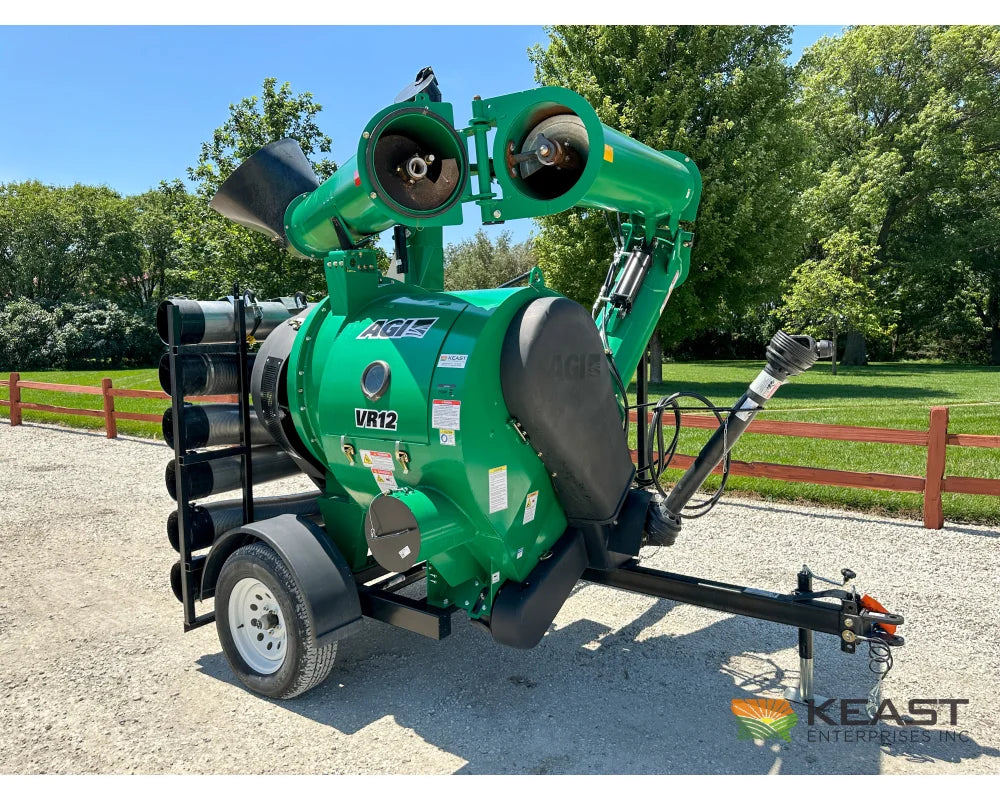 AGI REM VR12 grain vac, full-machine view with folded auger and pipe rack