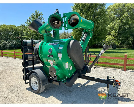 AGI REM VR12 grain vac, full-machine view with folded auger and pipe rack