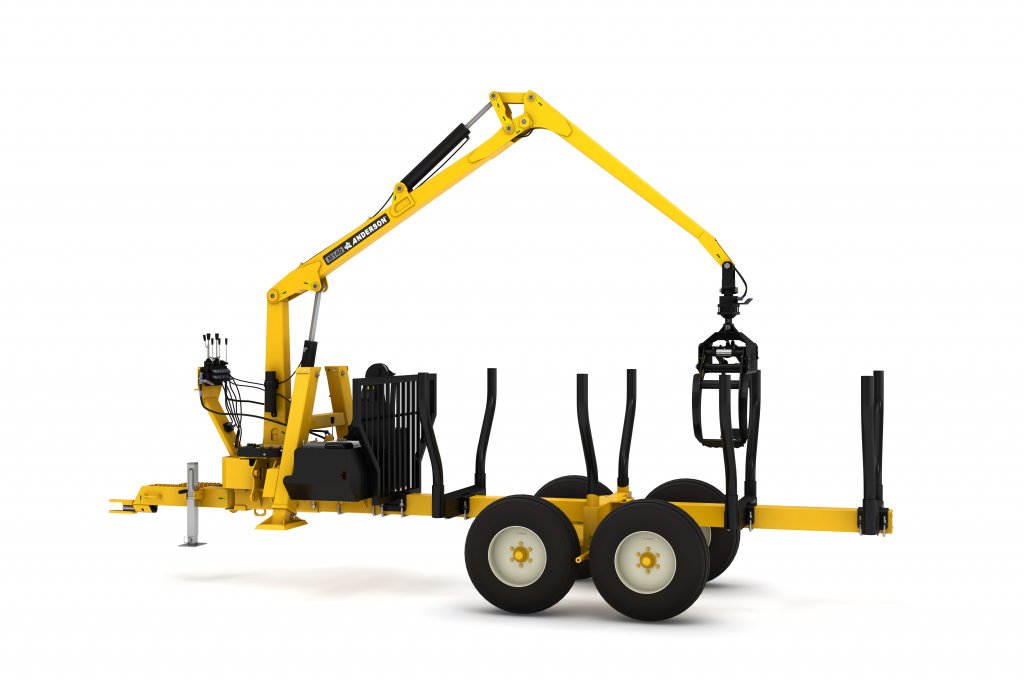 Anderson M140 log-loader model with boom and tandem trailer, side view