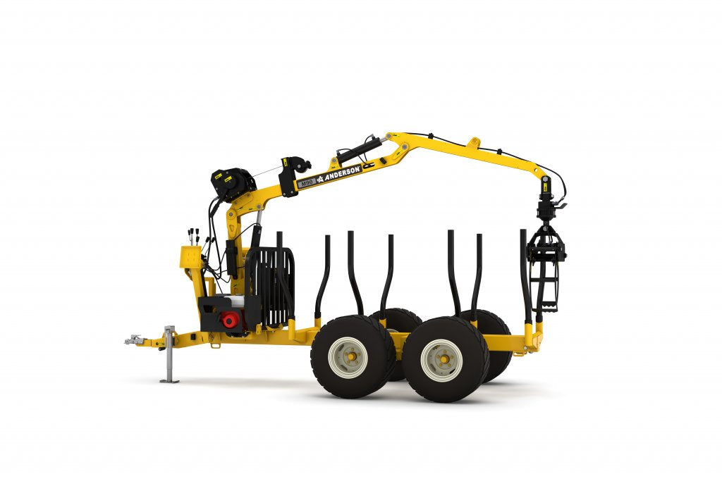 Anderson M90 log-loader model with boom and tandem trailer, side view