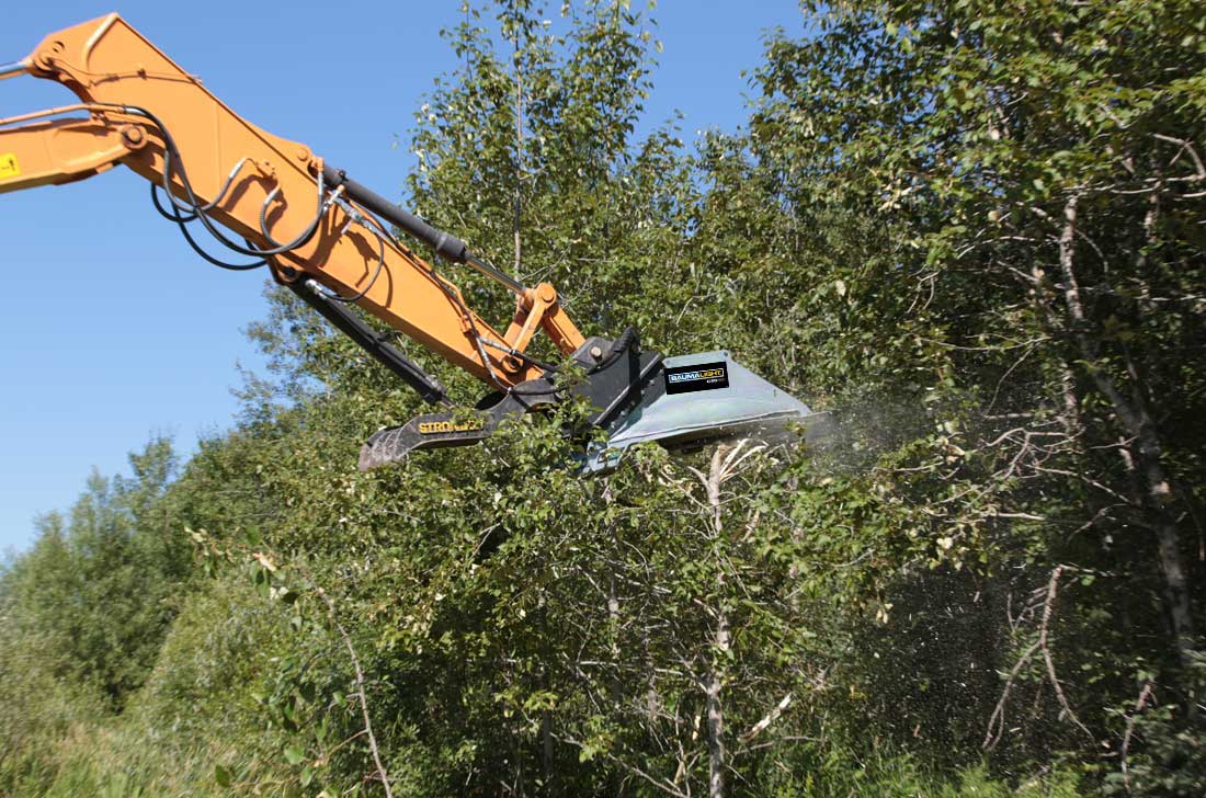 Baumalight CXC550 brush cutter reaching into branches from an excavator