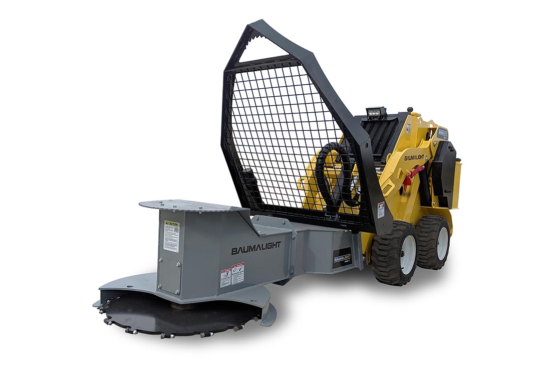 Baumalight DSM230 tree saw on a mini skid steer, front three-quarter application view