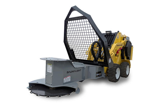Baumalight DSM230 tree saw on a mini skid steer, front three-quarter application view