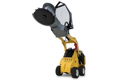 Baumalight DSM230 tree saw raised on a mini skid steer, underside view