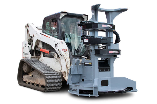 Baumalight FBS752 feller buncher mounted on a tracked skid steer, whole-attachment view