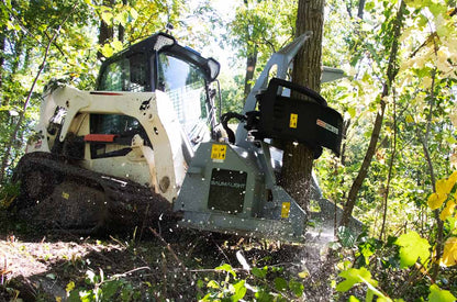 Baumalight FGS952 feller buncher cutting and holding a tree on a tracked skid steer