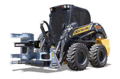 Baumalight ISH510G horizontal tree shear and grabber mounted on a skid steer, three-quarter view