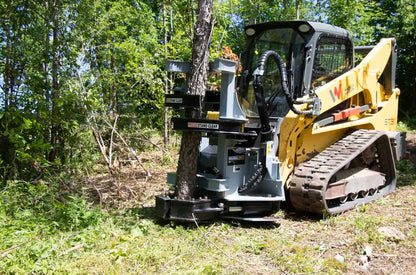 Baumalight ISH712G tree shear holding a standing tree on a tracked loader