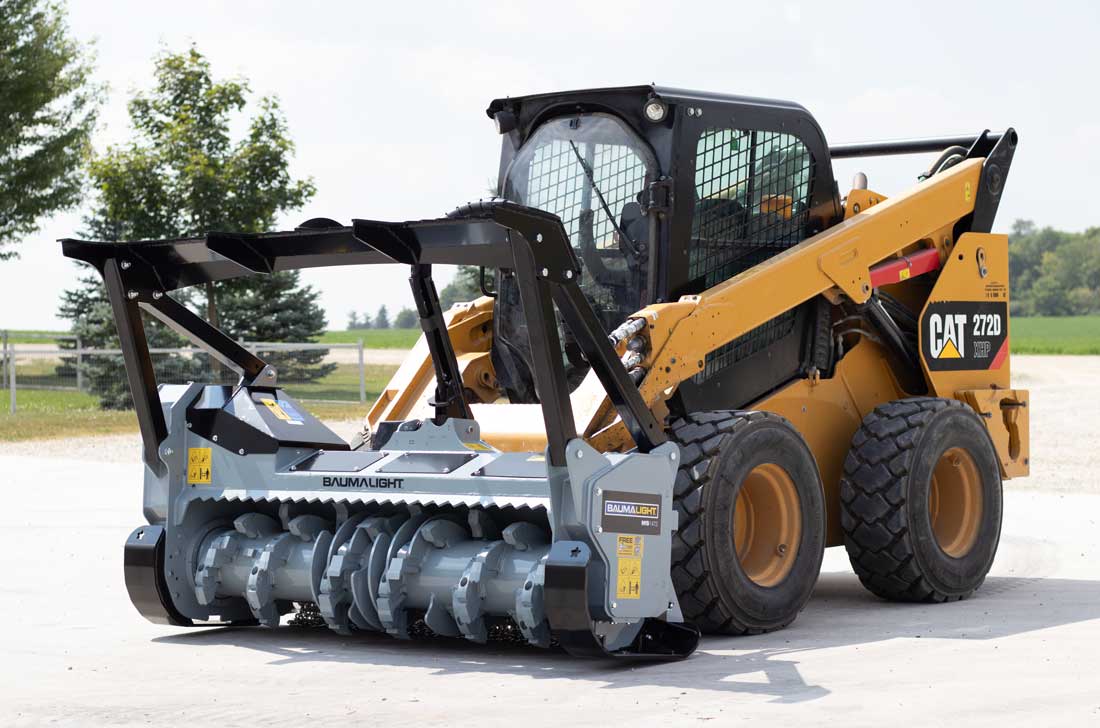 Baumalight MS1472 mulcher with integrated push bar mounted on a skid steer