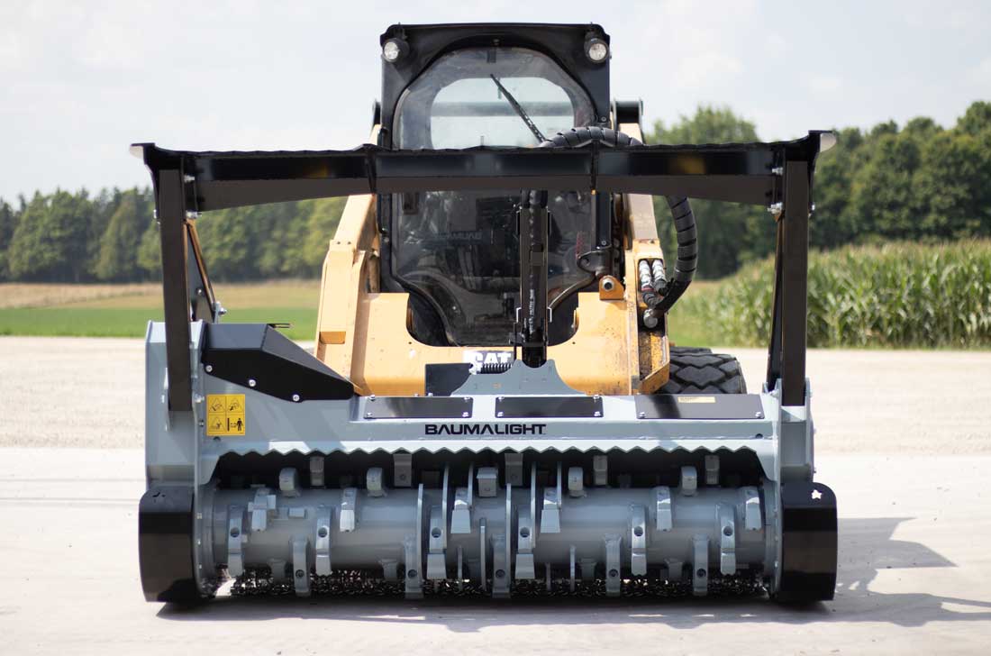 Front view of the Baumalight MS1472 mulcher and rotor on a skid steer