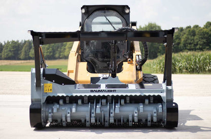 Front view of the Baumalight MS1472 mulcher and rotor on a skid steer