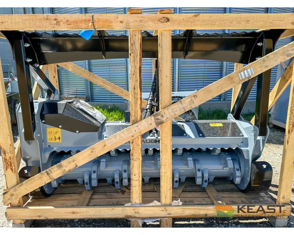 Baumalight MS972 skid steer mulcher in shipping crate, rear view