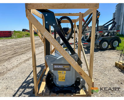 Baumalight MS972 skid steer mulcher in shipping frame, front view