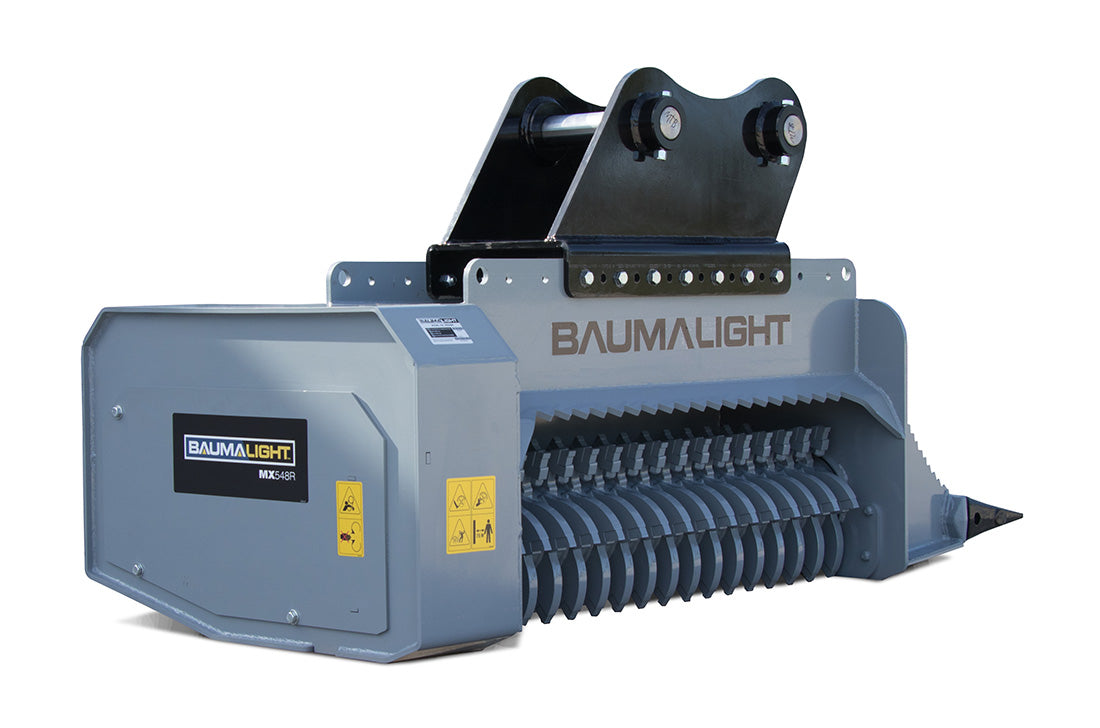 Baumalight MX548R excavator mulcher showing the rotor and model label