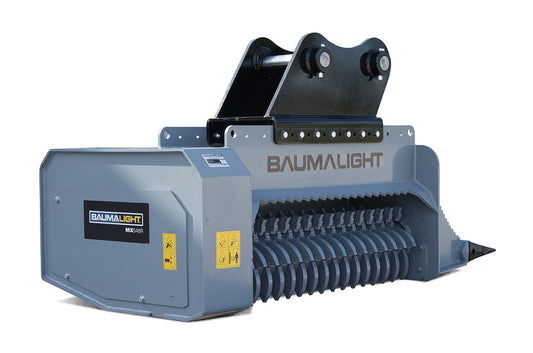 Baumalight MX548R excavator mulcher showing the rotor and model label