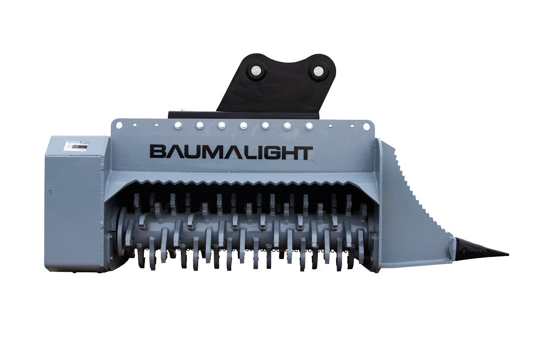 Front view of the Baumalight MX548R mulcher with root rake teeth