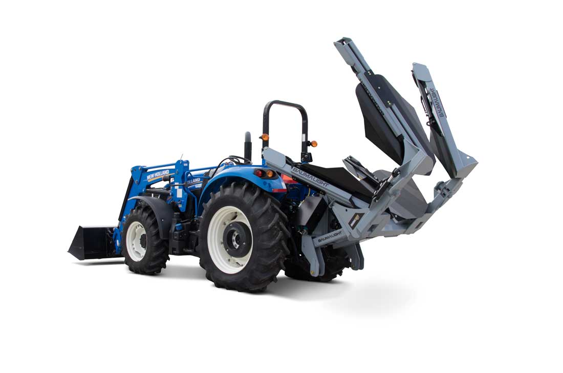 Baumalight PT440 four-blade tree spade mounted on a tractor, whole-machine view