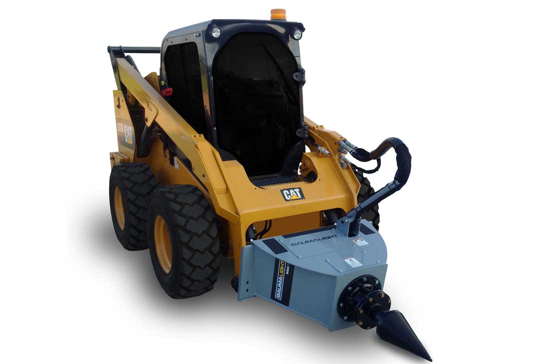 Front view of the Baumalight RSS780 screw splitter and cone on a skid steer