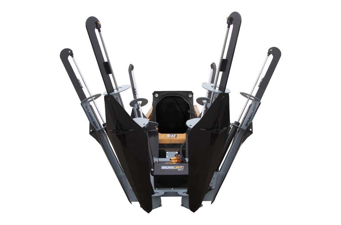 Baumalight ST650 tree spade with six blades raised, front view on a skid steer