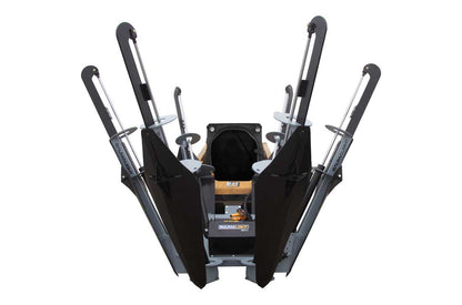 Baumalight ST650 tree spade with six blades raised, front view on a skid steer