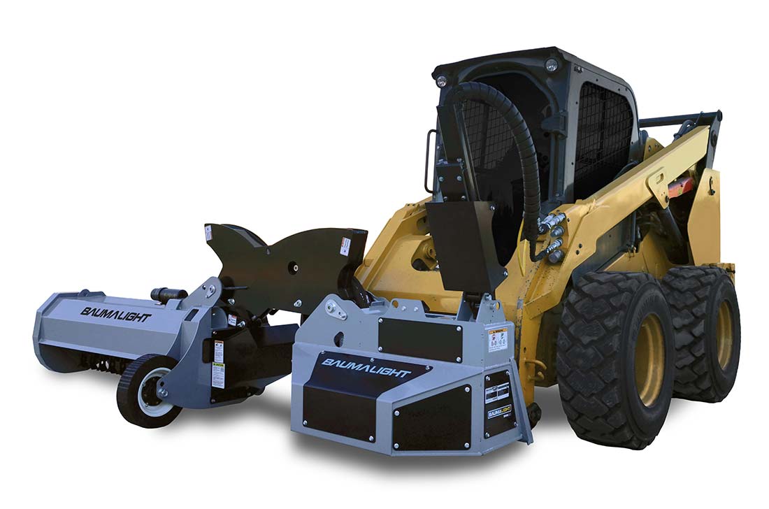 Baumalight SWA550 single-arm boom mower with the flail head at ground level, three-quarter view on a skid steer