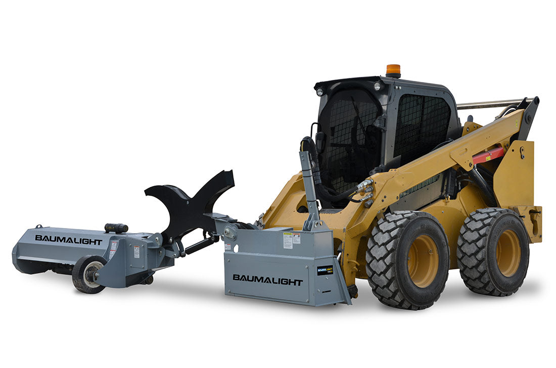 Baumalight SWA560 single-arm boom mower with flail head at ground level, three-quarter view on a skid steer